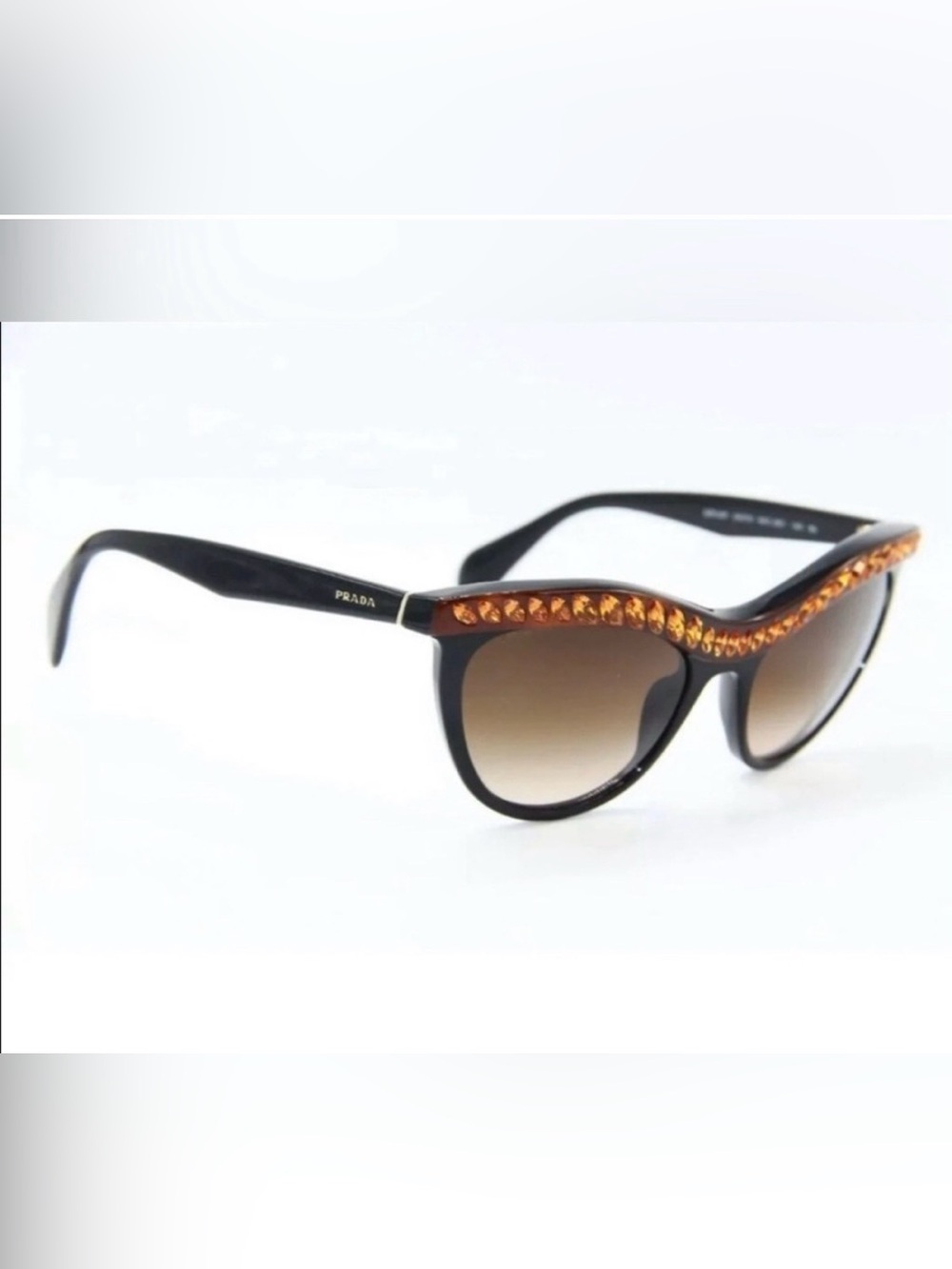 Prada Black Cat-Eye Sunglasses with Amber Crystal Trim made in Italy. - Picture 4 of 8